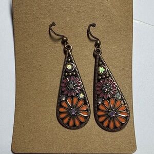 Copper Floral Boho Earrings in Orange and Pink